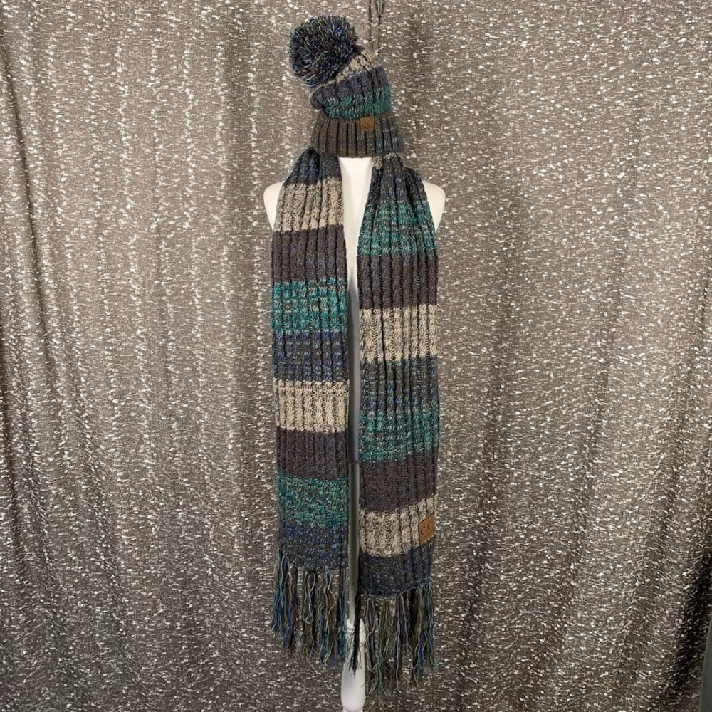 C.C Exclusives Knit Multicolor Colorblock‎ Winter Hat and Fringe Scarf Set